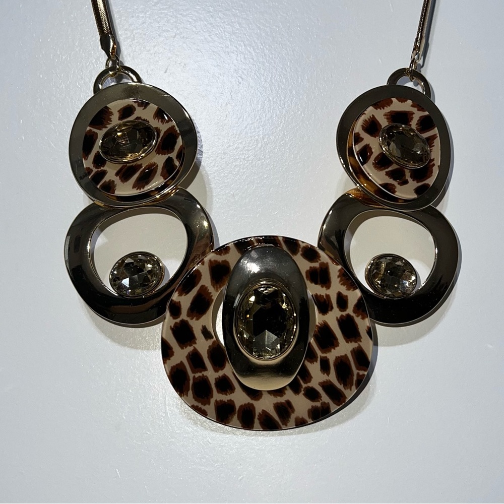 Jeweled Leopard Print Abstract Statement Necklace, Gold/Multi